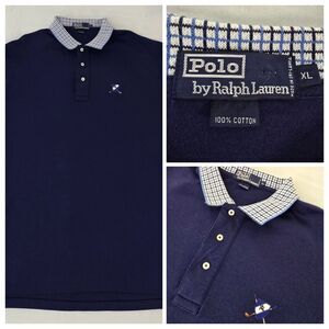 Polo Ralph Lauren Polo Shirt Mens XL Fits Long Plaid Collar Golf Crest Logo Navy